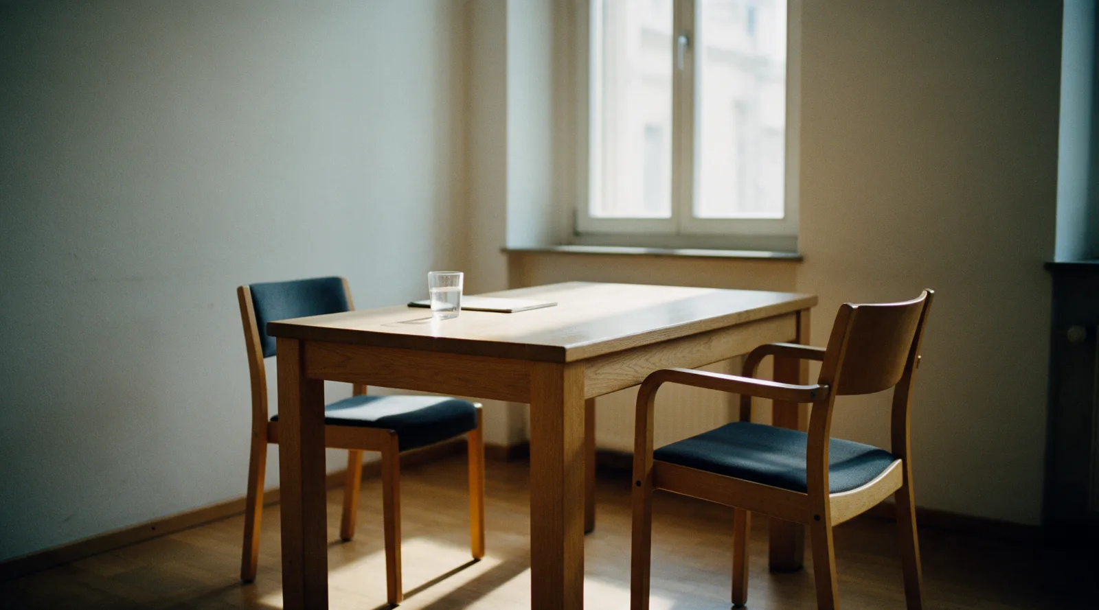 Besprechungszimmer der Kanzlei in natürlichem Tageslicht: Holztisch, zwei Stühle einander gegenüber, ein Fenster. Computererzeugtes Beispielbild dieser Demo-Vorlage.